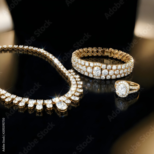 Exquisite Jewels: Captivating view of dazzling diamond necklace, bracelet and ring, exuding luxury and elegance with brilliant display.