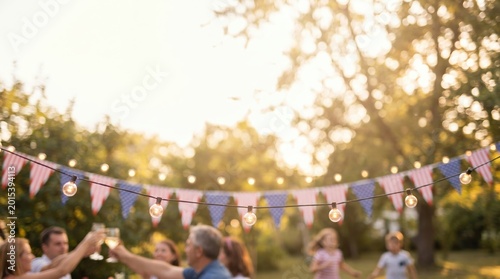 Family and friends celebrating at a sunny backyard party with American flag bunting and string lights, a warm patriotic scene for Fourth of July, summer gatherings and holiday ads