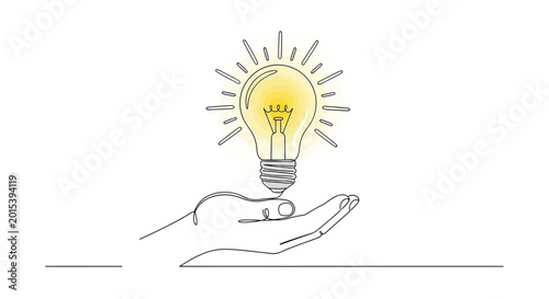 Hand holding light bulb line art; innovation idea solution vector graphic