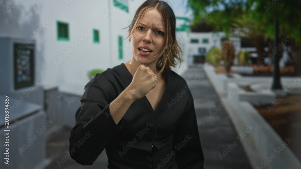 Fototapeta premium Woman with clenched fist punching forward on a street lined with white buildings and trees; anger defiance.