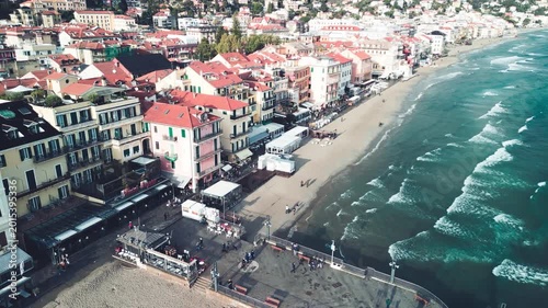 Aerial view of Spiaggia di Alassio Italy with turquoise Mediterranean sea