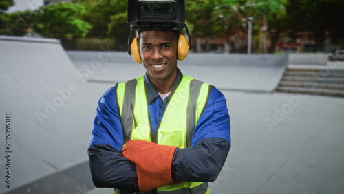 Obraz na plátně Man welder wearing welding helmet, earmuffs, hi vis vest and orange welding gloves, arms crossed on street; pride craftsmanship