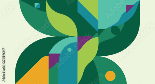 Vibrant abstract shapes and leaves composition.
