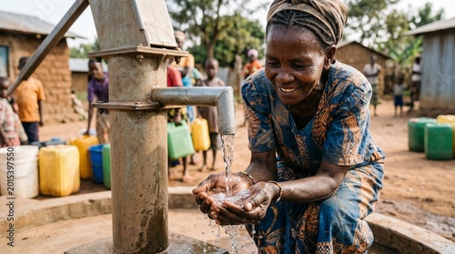 African woman collecting clean water from village well pump, global humanitarian concept and sustainable community development projects.