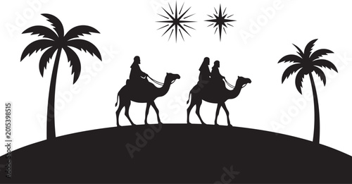 Fotografia Black silhouette of three wise men riding camels under starry night sky with palm trees