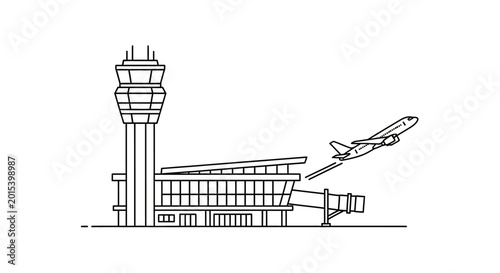 Fényképezés Airport Terminal Building with Control Tower and Departing Airplane, isolated wh