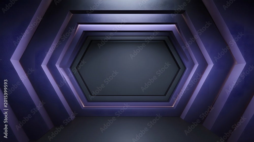 Fototapeta premium A sleek modern geometric tunnel entrance featuring repeating hexagonal panels in deep violet and rich purple tones