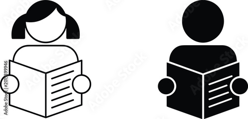 Obraz na płótnie Two simple icons one black and white outline of a person with pigtails reading a