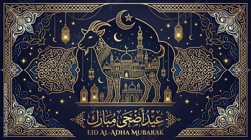 Eid al adha mubarak with goat and mosque.