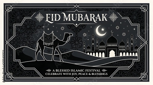 Eid mubarak camel and mosque illustration.