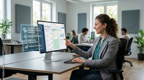 Businesswoman using AI assistant on computer screen to automate tasks and optimize workflow in a busy modern office.