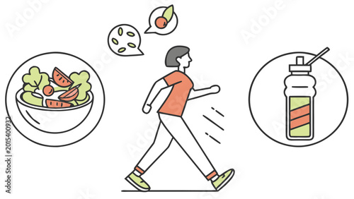 Fotografi Woman walks past a bowl of fresh salad and a water bottle to maintain a healthy daily lifestyle