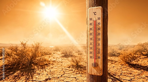Outdoor Celsius Thermometer Showing Extreme Heat Near 50°C Mounted on Wooden Post in Scorching Desert Landscape — Global Warming and Heat Wave Concept