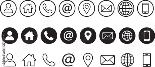 Business card icon set. Containing contact information, name, address, phone, e-mail, location, website, telephone, mail and more. Vector illustration.