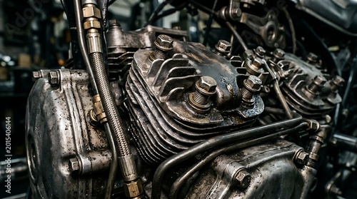 Gritty vintage internal combustion engine with textured metal details, showcasing the robust mechanics and oily components of classic machinery