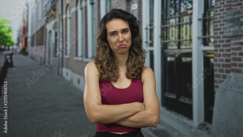 Slika na platnu Woman wearing pink sleeveless top crossing bare arms on street; annoyance defiance frustration resentment