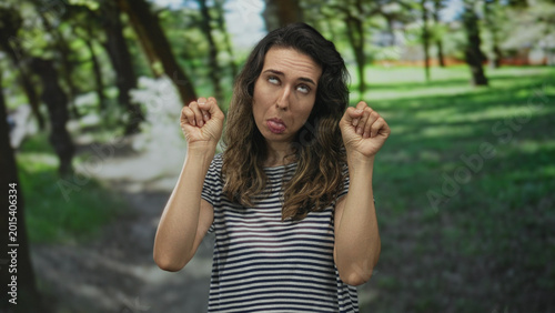 Billede på lærred Young hispanic woman finger pointing to bare cheeks in forest with tall trees and green grass under dappled sunlight; sadness