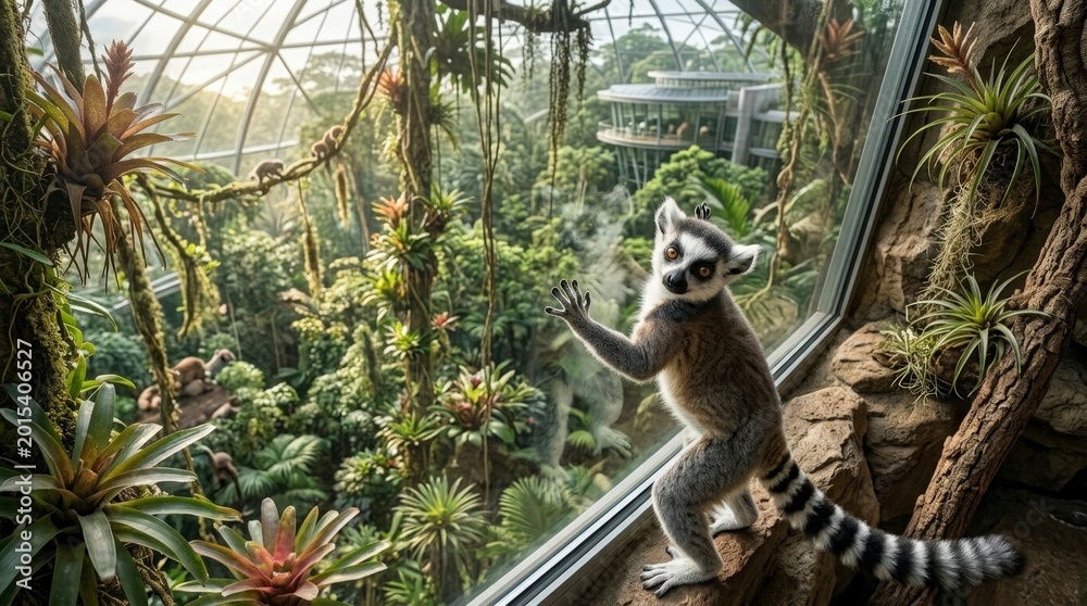 Fototapeta premium Ring-tailed lemur looking through glass in a jungle enclosure
