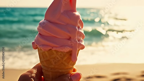 Close-up of a pink soft-serve ice cream cone held by a sunlit beachgoer with the sea and sunset in the background