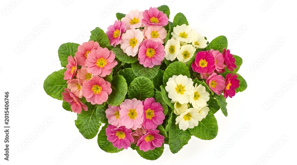 Fototapeta premium Beautiful primrose flowers arranged in a lush bouquet on white background.