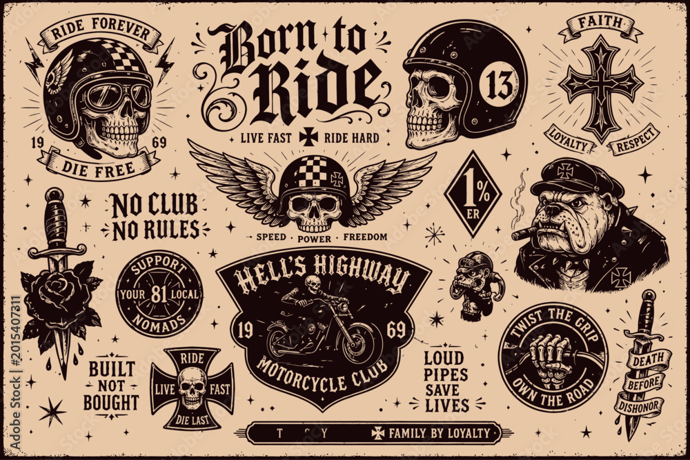 Fototapeta premium A collection of vintage-style motorcycle club and biker-themed illustrations and emblems on a beige background.