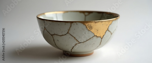 White ceramic bowl with golden kintsugi repair on white background.