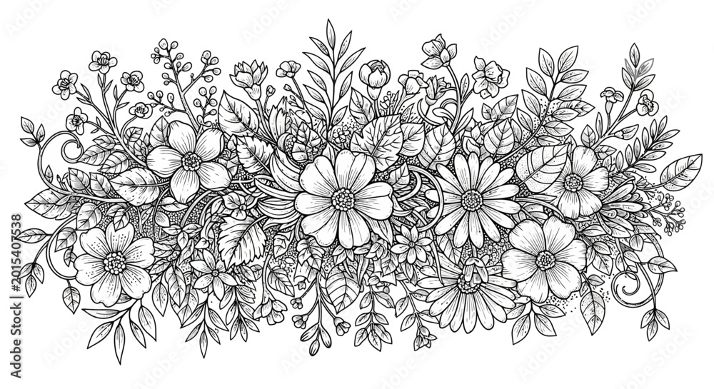 Fototapeta premium Black and white floral illustration with various flowers and leaves.