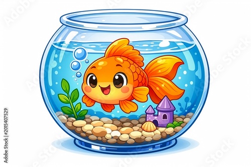 Cartoon Goldfish in a Goldfish Bowl on a White Background 
