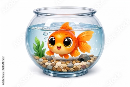 Cartoon Goldfish in a Goldfish Bowl on a White Background 