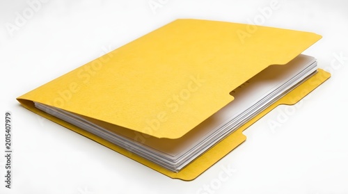 Obraz na płótnie Yellow folder with documents inside on white surface for organization.