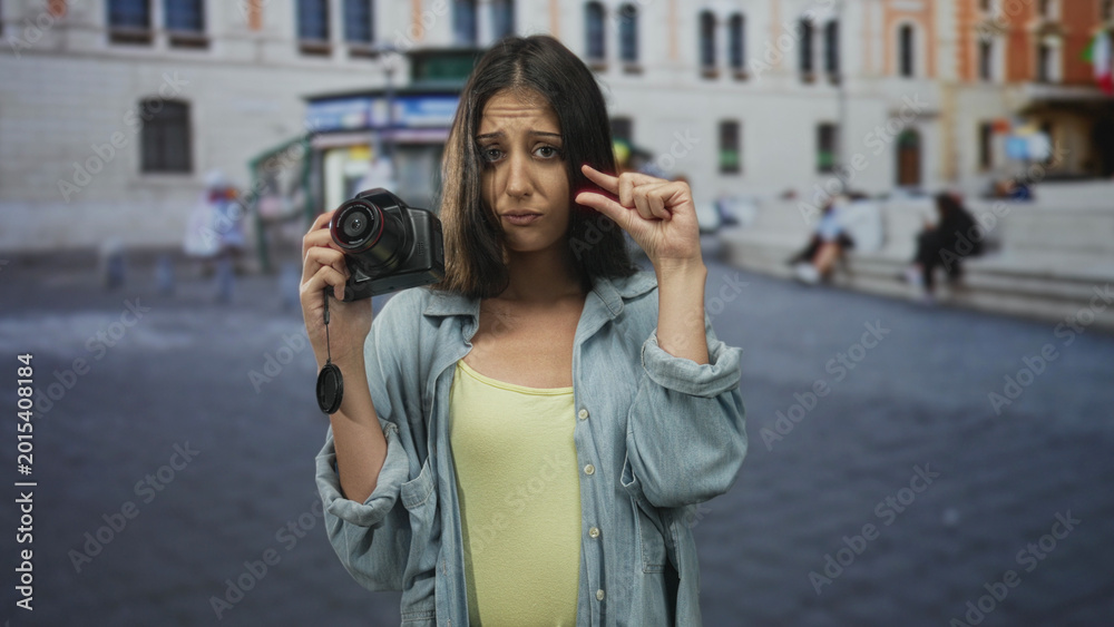 Fototapeta premium Young hispanic woman holding camera pinching fingers to show small at street; frustration travel mishap.