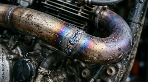 Close-up of a dirty, rugged metallic exhaust pipe on a powerful engine, showcasing visible welds and vibrant heat discoloration