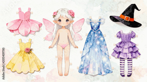 Photos Sweet Fantasy Dress Fantasy Outfit Collection isolated watercolor vector illustr