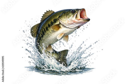 A bass fish leaping out of the water with splash and droplets.