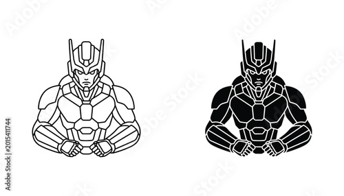Futuristic robot warrior with armored chest and helmet in black and white line art and solid silhouette vector illustration for sci-fi and gaming design