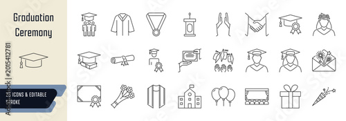 Graduation ceremony line icons collection, 25 editable stroke symbols depicting graduation essentials, celebration and memory, ceremony elements, and gifts and souvenirs