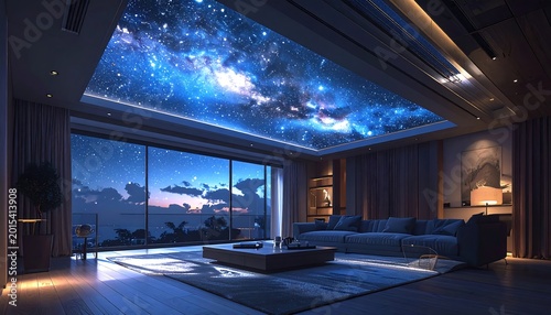 A modern living room with a galaxy projection on the ceiling at dusk