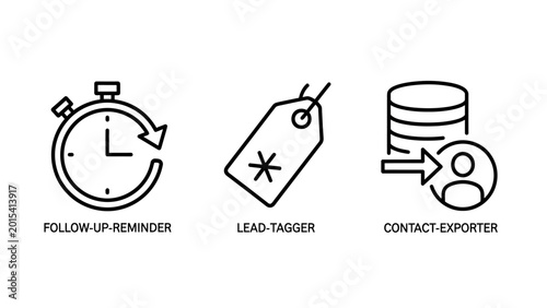 Business utility icons for follow up reminder lead tagger contact exporter with business reminder followup exporter database marketing customer management efficiency organization scheduling