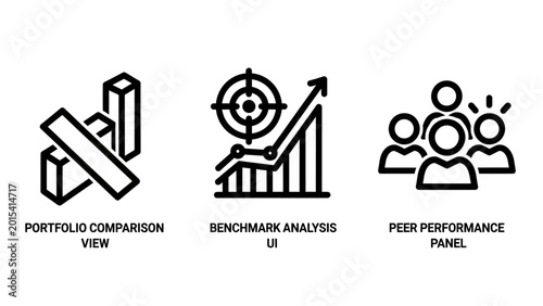 Financial portfolio comparison view benchmark analysis peer performance panel outline icons for business strategy line art financial data portfolio comparison benchmark analysis business