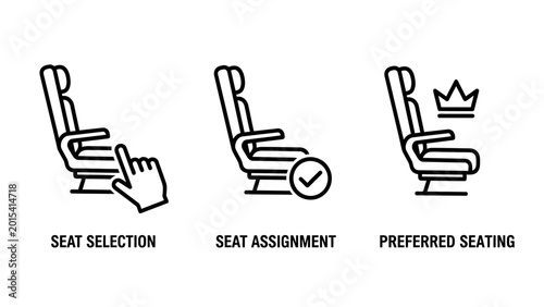 Airline seat selection assignment preferred seating icons representing travel booking options and comfort levels with business class first class user interface user experience selection preferred