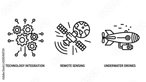 Advanced technology line art icons for system integration earth observation subaquatic exploration with remote sensing artificial intelligence white background data collection future tech