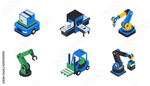 Factory automation and logistics isometric icon set vector illustration