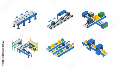 Conveyor systems and warehouse automation isometric icon set vector illustration