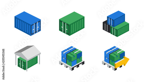 Shipping containers and pallet cargo isometric icon set vector illustration