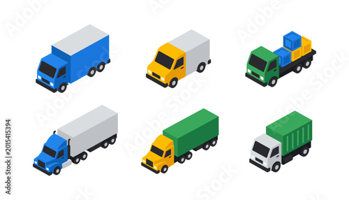 Delivery trucks and freight transport isometric icon set vector illustration