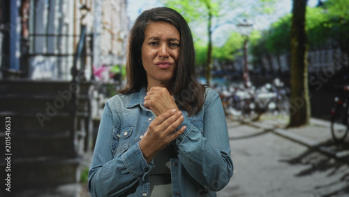 Obraz na plátne Woman in a denim jacket clutching her wrist with both hands on a tree lined street, grimacing and rubbing the painful wrist after a sudden twinge; discomfort concern vulnerability