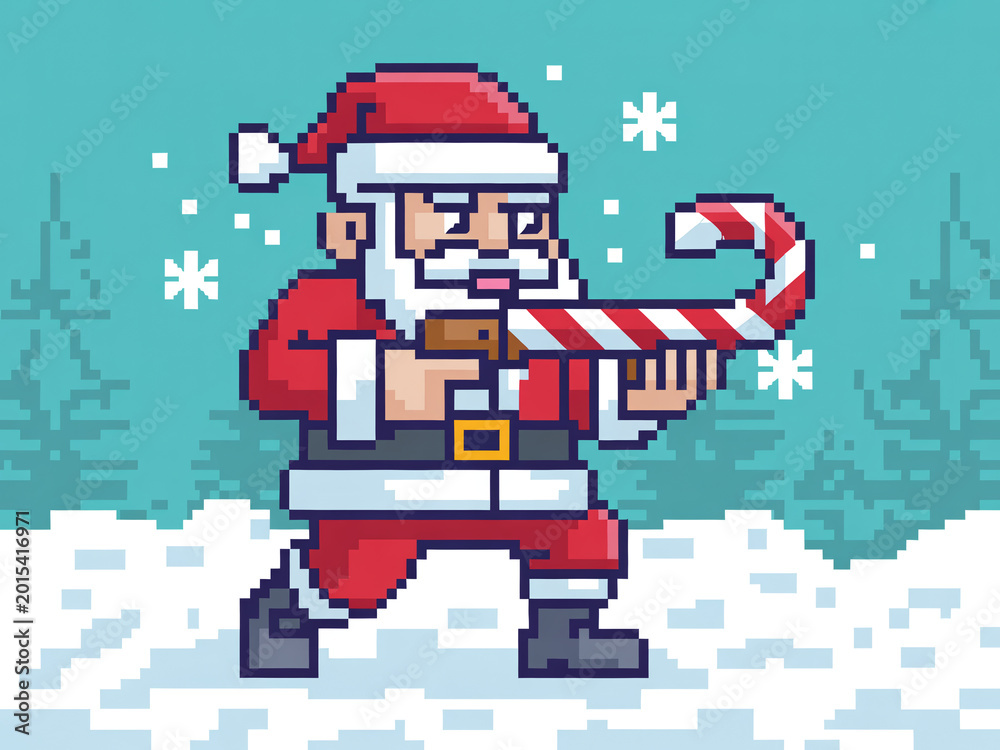 Naklejka premium Pixel art Santa Claus holding a giant candy cane in a snowy scene.