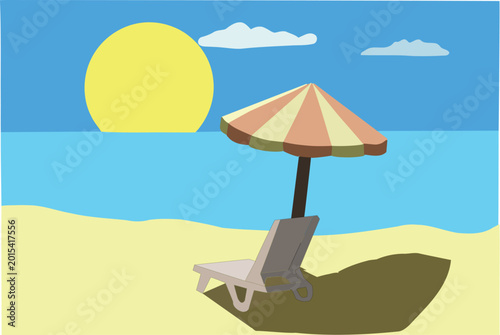 Obraz na płótnie Digital illustration of a beach scene featuring a single chaise lounge under a striped umbrella