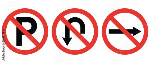 Bild auf Leinwand No parking no U turn and no right turn icon set representing traffic prohibition