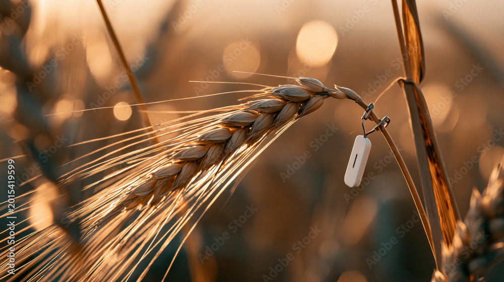 Naklejka premium Golden wheat field sensor technology at sunset